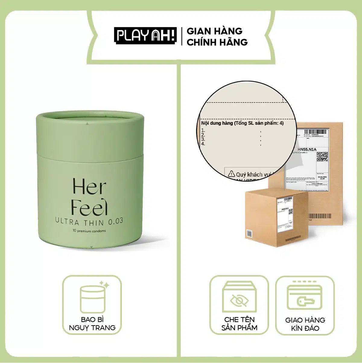 Bao cao su PlayAh Her Feel Ultra Thin 0.03 siêu mỏng nhiều gel cao cấp - Hộp 10 bao